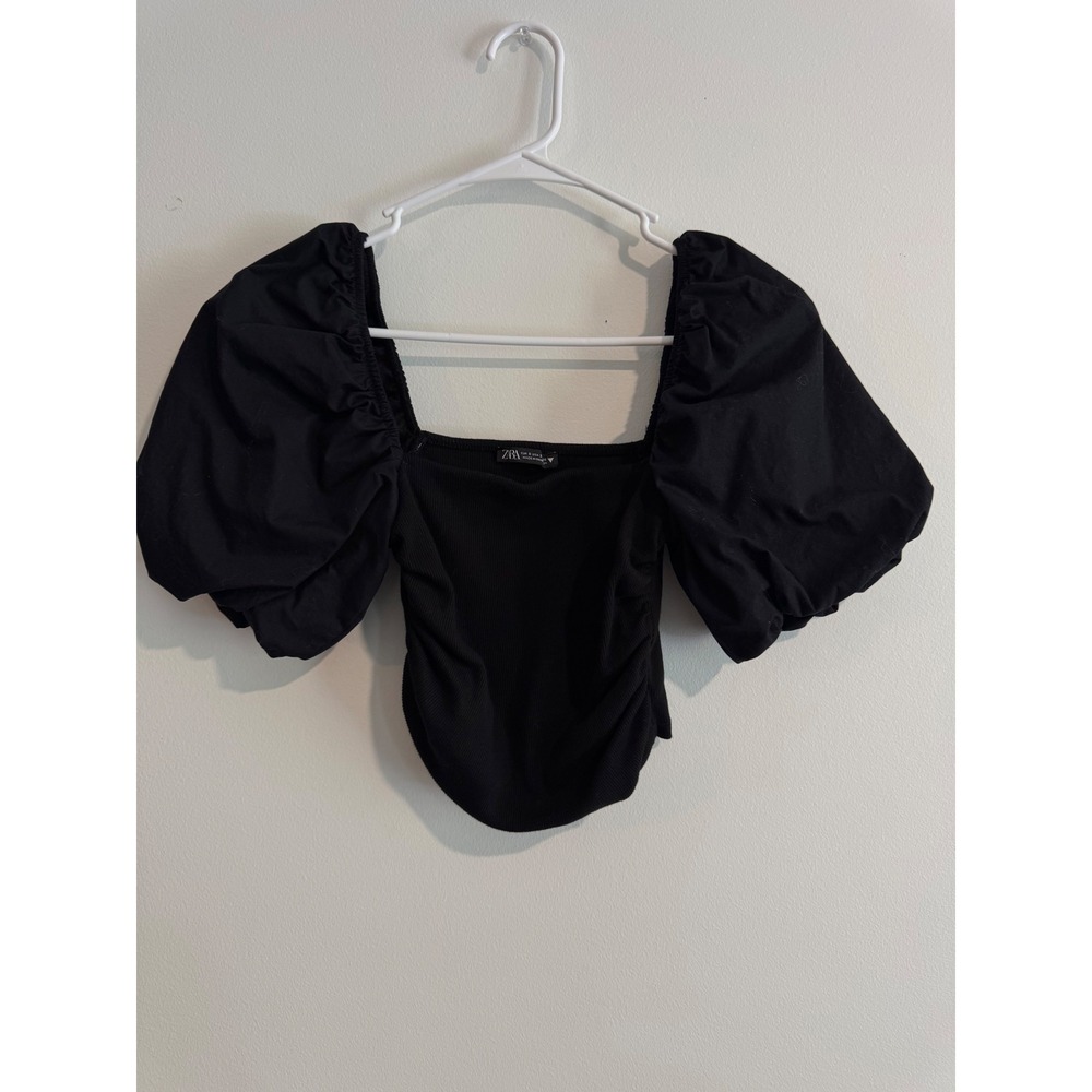 Zara Puff Sleeve Ribbed Top Womens Small Black Square Neck Ruched Bodice